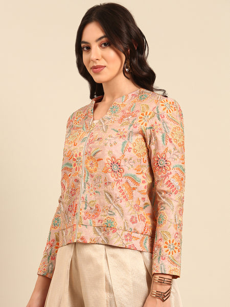Peach Print Banares Jaquard Jacket - ASJ066