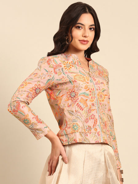 Peach Print Banares Jaquard Jacket - ASJ066