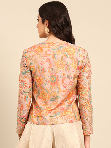 Peach Print Banares Jaquard Jacket - ASJ066