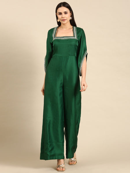 Green Silk Embroidered Jumpsuit - ASJS015