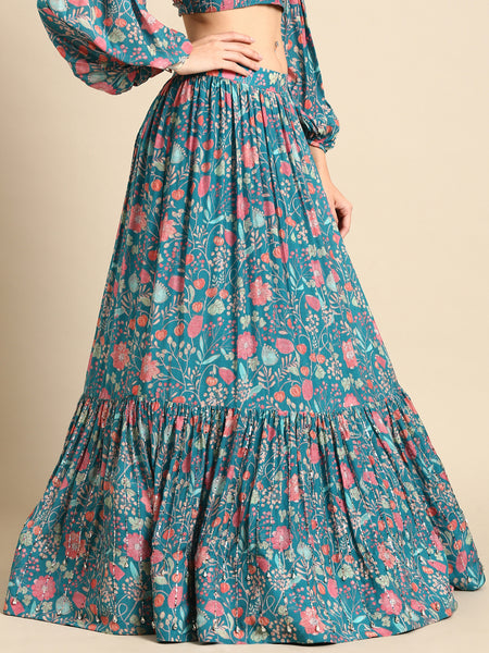 Blue Pink Muslin Digital Print Lehenga - ASL025