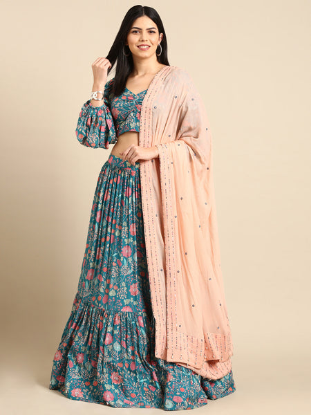 Blue Pink Muslin Digital Print Lehenga - ASL025