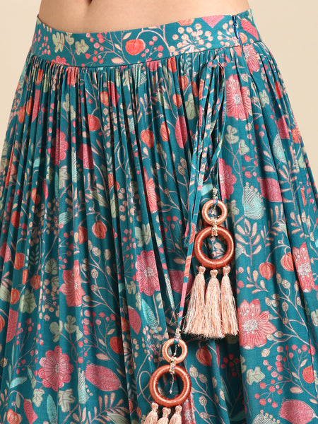 Blue Pink Muslin Digital Print Lehenga - ASL025