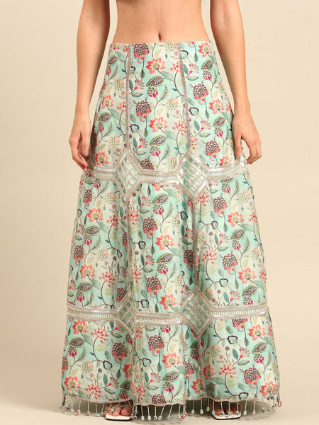 Blue Print Silk Muslin Silk Lehenga - ASL026