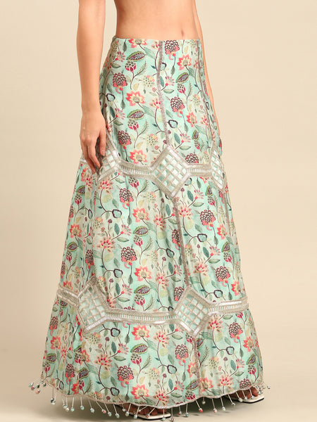 Blue Print Silk Muslin Silk Lehenga - ASL026