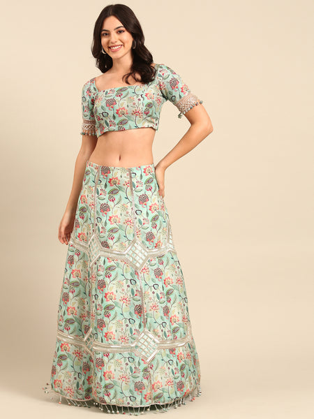 Blue Print Silk Muslin Silk Lehenga - ASL026