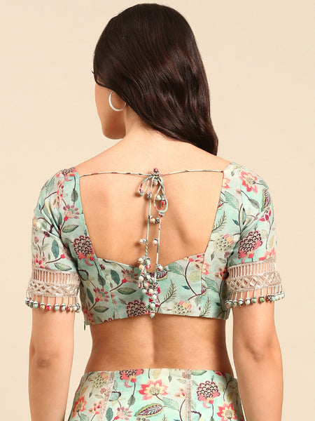 Blue Print Silk Muslin Silk Lehenga Set - ASLHSET004