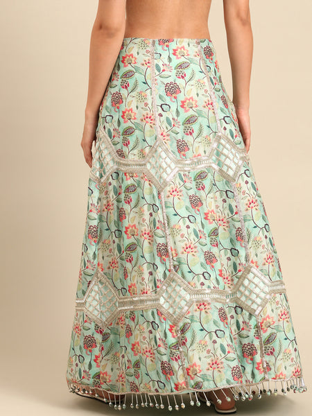 Blue Print Silk Muslin Silk Lehenga Set - ASLHSET004