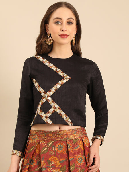 Black Brown Chanderi Lehenga Set  -  ASLHSET007