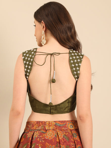 Green Brown Chanderi Lehenga Set  -  ASLHSET009