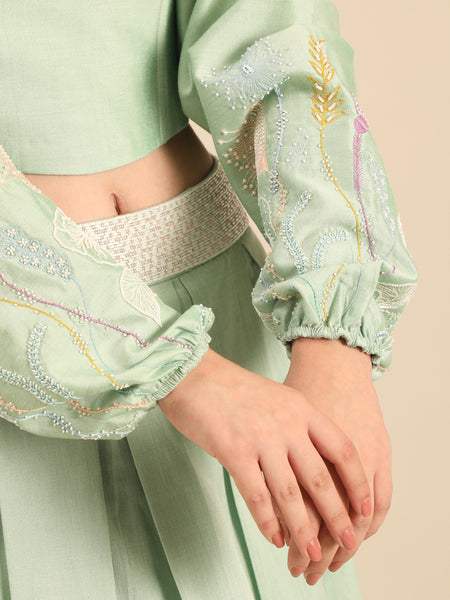 Green Silk Cotton Lehenga Set  -  ASLHSET011