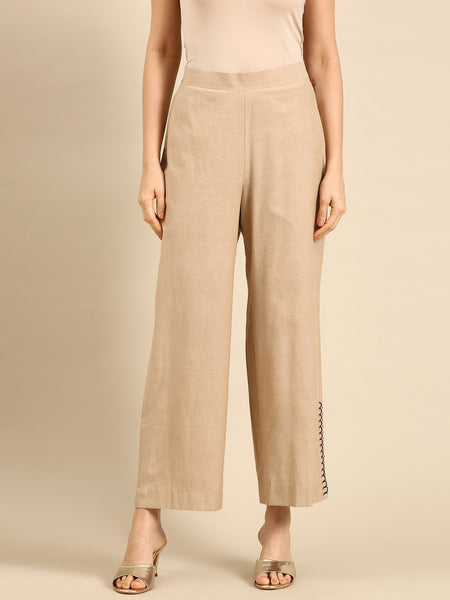 Beige Cotton Embroidered Pant - ASPL036