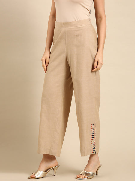 Beige Cotton Embroidered Pant - ASPL036