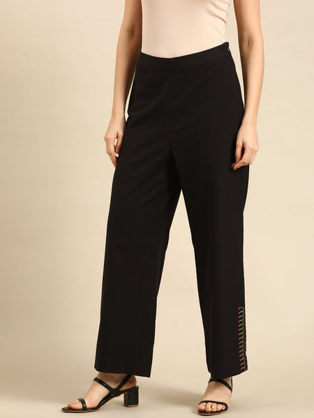 Black Cotton Embroidered Pant - ASPL037
