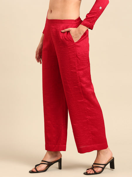 Red Silk Cotton Slub Pants - ASPL051