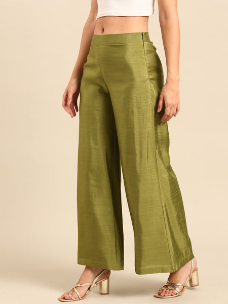 Green Linen Satin Pants - ASPL055