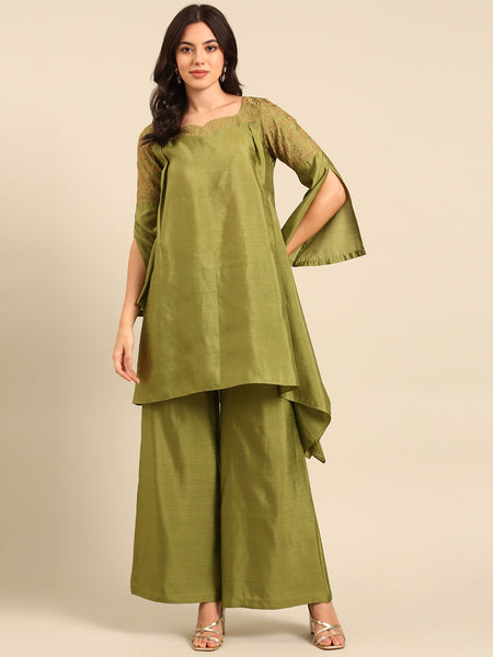 Green Linen Satin Pants - ASPL055