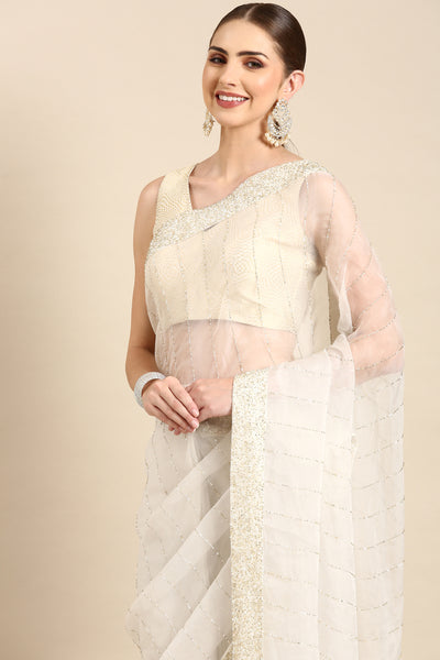 Ivory Silk Organza Embellished Saree - ASSR001