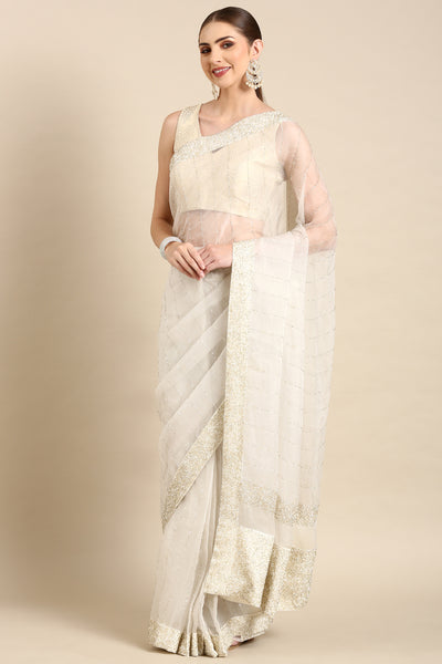 Ivory Silk Organza Embellished Saree - ASSR001