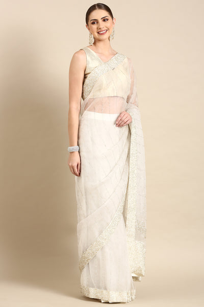 Ivory Silk Organza Embellished Saree - ASSR001