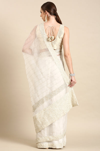 Ivory Silk Organza Embellished Saree - ASSR001