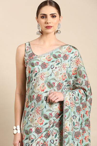 Aqua Blue Printed Muslin Saree - ASSR003