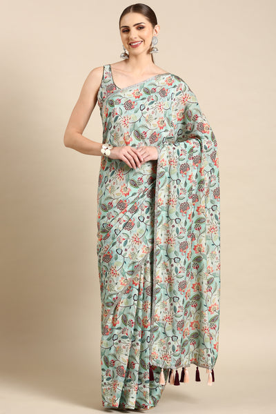 Aqua Blue Printed Muslin Saree - ASSR003