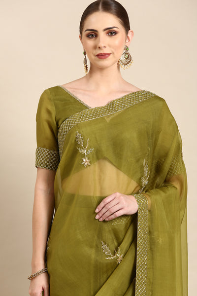 Green Silk Organza Embellished Saree - ASSR004