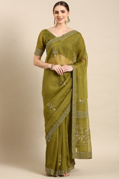 Green Silk Organza Embellished Saree - ASSR004