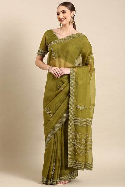 Green Silk Organza Embellished Saree - ASSR004