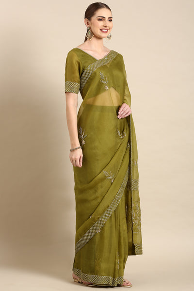 Green Silk Organza Embellished Saree - ASSR004