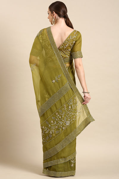 Green Silk Organza Embellished Saree - ASSR004