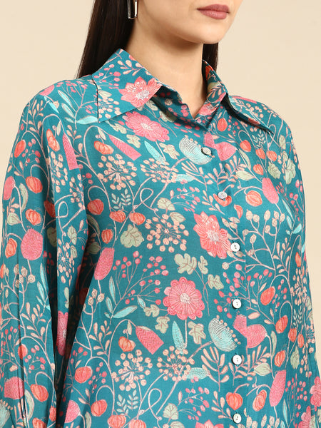 Blue Pink Printed Muslin Shirt - ASST078