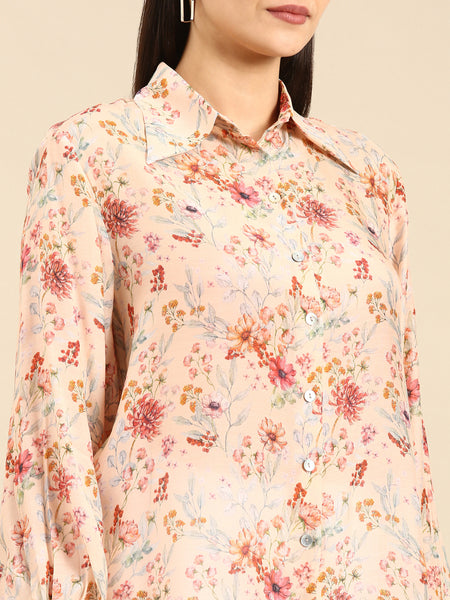 Peach Floral Printed Muslin Shirt - ASST080