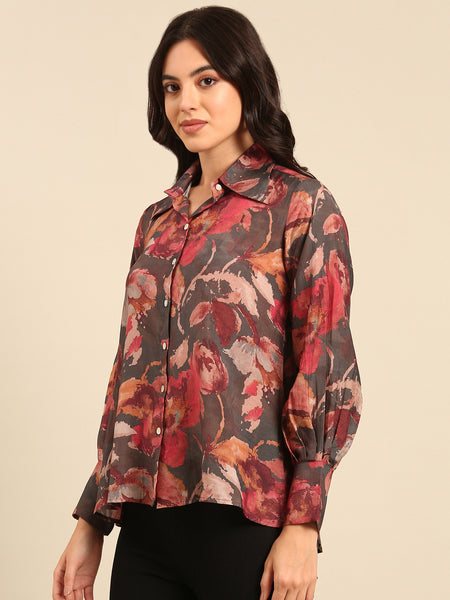 Grey Print Muslin Tops - ASST090