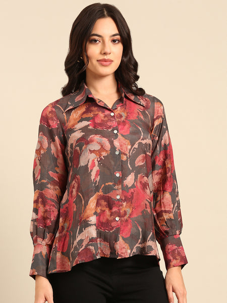 Grey Print Muslin Tops - ASST090