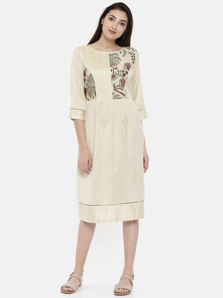 Beige Chanderi Print Dress - AS0109 - Asmi Shop