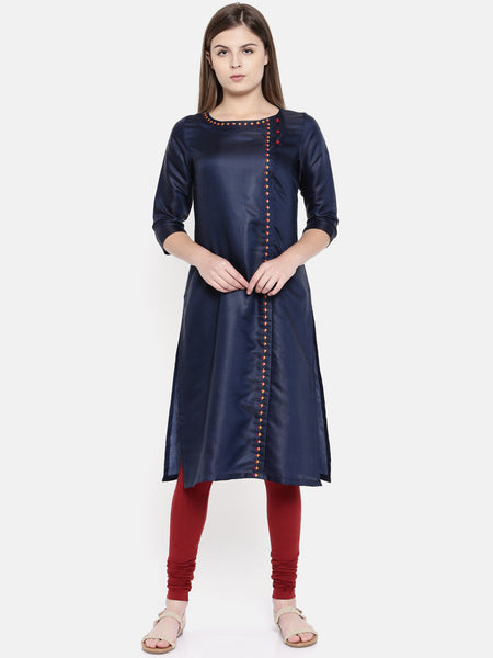 Blue Emb Linen Satin Kurta - AS0168 - Asmi Shop