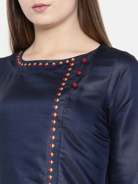 Blue Emb Linen Satin Kurta - AS0168 - Asmi Shop
