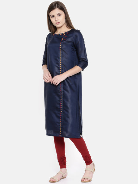 Blue Emb Linen Satin Kurta - AS0168 - Asmi Shop
