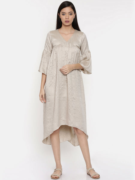 Beige assymetric dress with flounce sleeves and  gathers - AS0263 - Asmi Shop