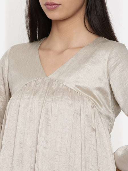 Beige assymetric dress with flounce sleeves and  gathers - AS0263 - Asmi Shop