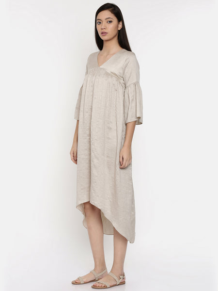 Beige assymetric dress with flounce sleeves and  gathers - AS0263 - Asmi Shop