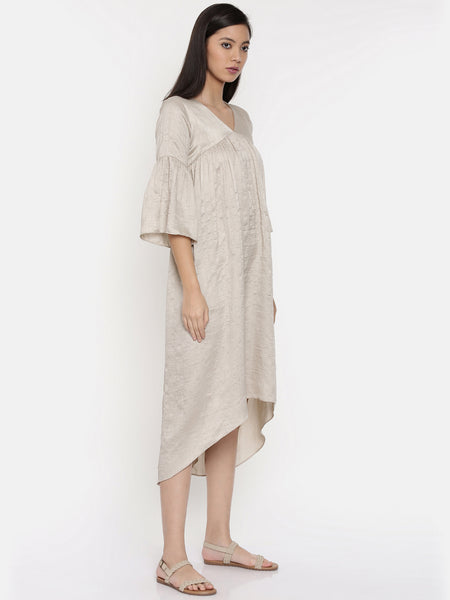 Beige assymetric dress with flounce sleeves and  gathers - AS0263 - Asmi Shop
