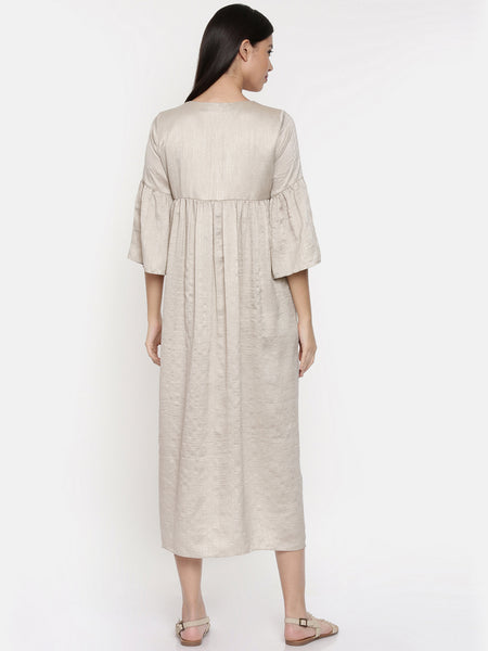 Beige assymetric dress with flounce sleeves and  gathers - AS0263 - Asmi Shop