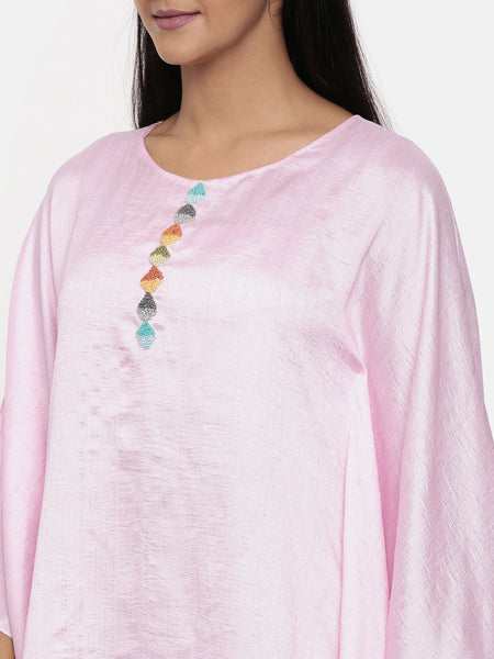 Light pink, cotton silk kaftan dress with knot embroidery - AS0309 - Asmi Shop