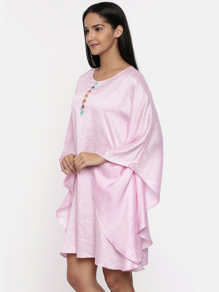 Light pink, cotton silk kaftan dress with knot embroidery - AS0309 - Asmi Shop