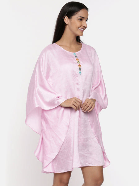 Light pink, cotton silk kaftan dress with knot embroidery - AS0309 - Asmi Shop