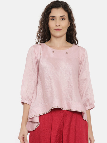Baby Pink Embroideried Crushed Silk Top   -  AS0367