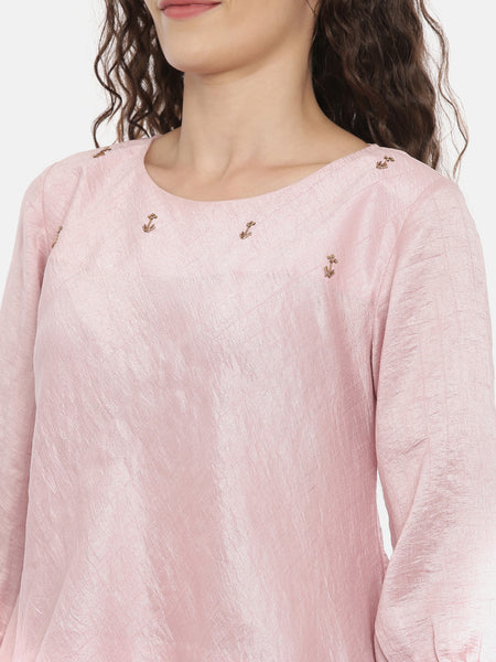 Baby Pink Embroideried Crushed Silk Top   -  AS0367